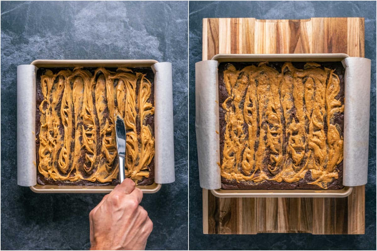 Peanut butter swirled into the top of the brownie batter and then baked.