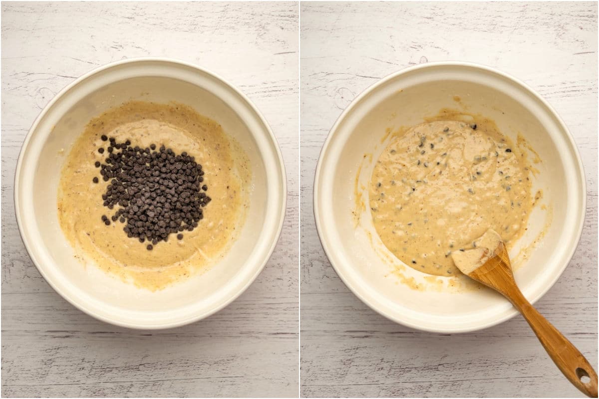 Vegan chocolate chips added to mixing bowl and folded in.