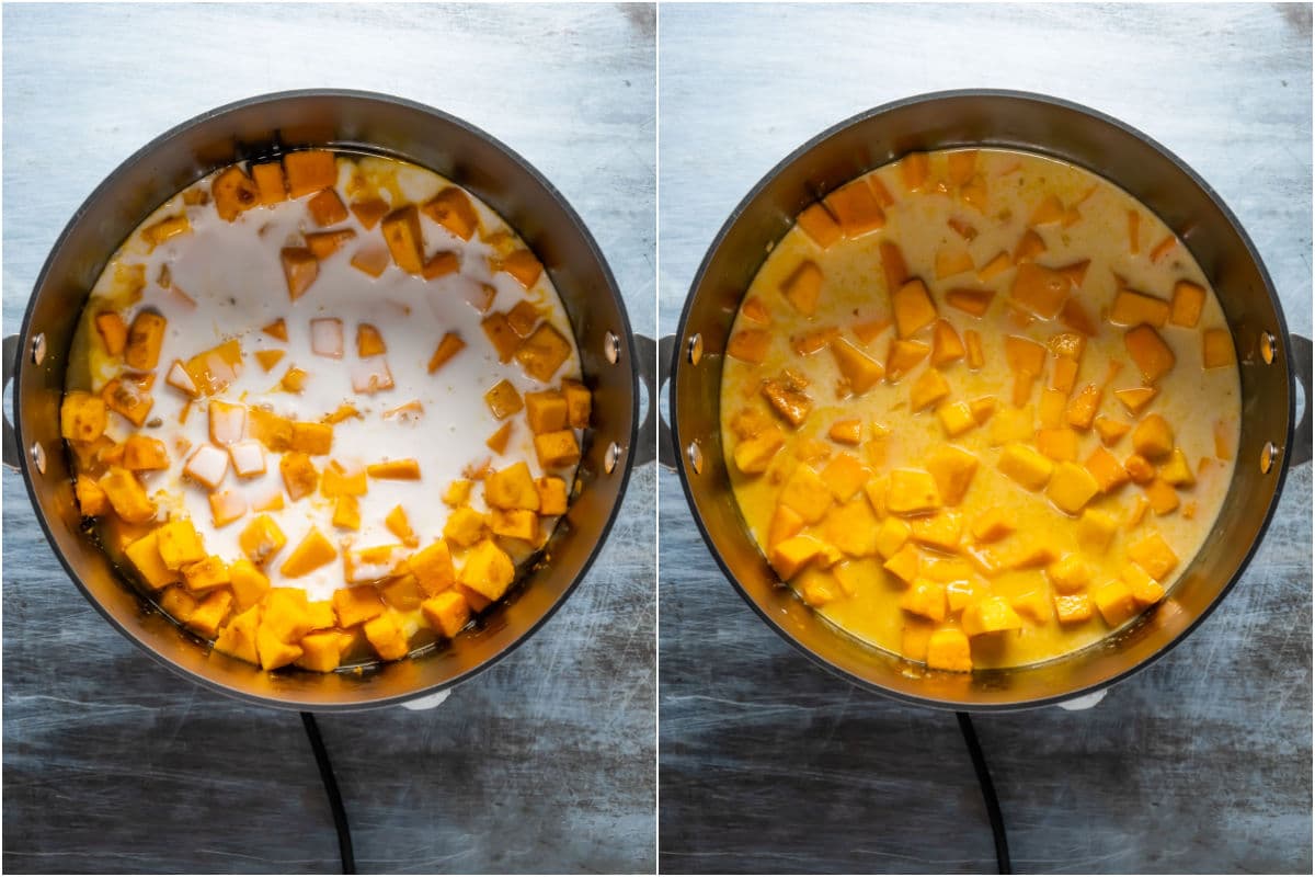 Two photo collage showing coconut milk and vegetable stock added to pot and mixed in.