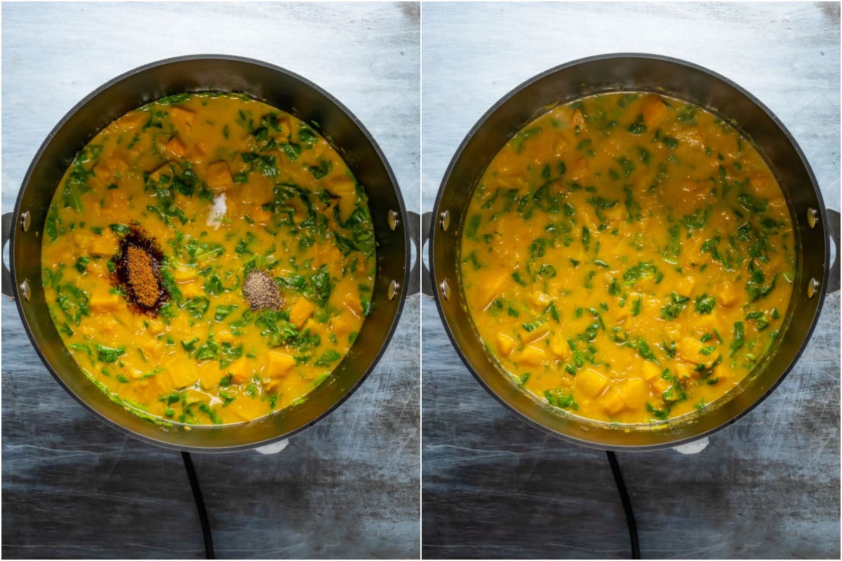 Two photo collage showing coconut sugar, salt and pepper added to pot and mixed in.