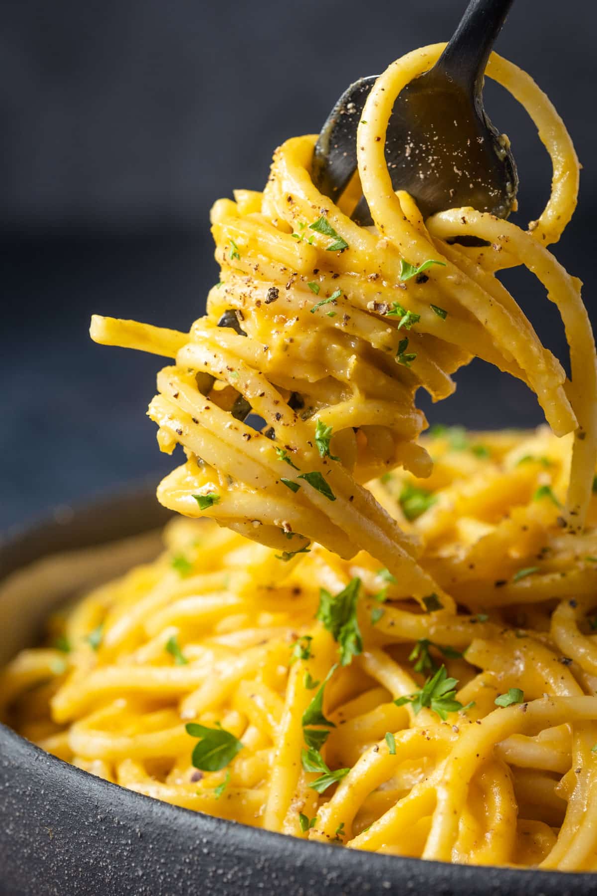 Forkful of pumpkin pasta.