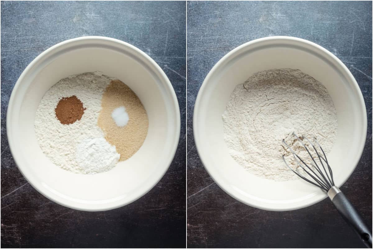 Dry ingredients added to mixing bowl and mixed.