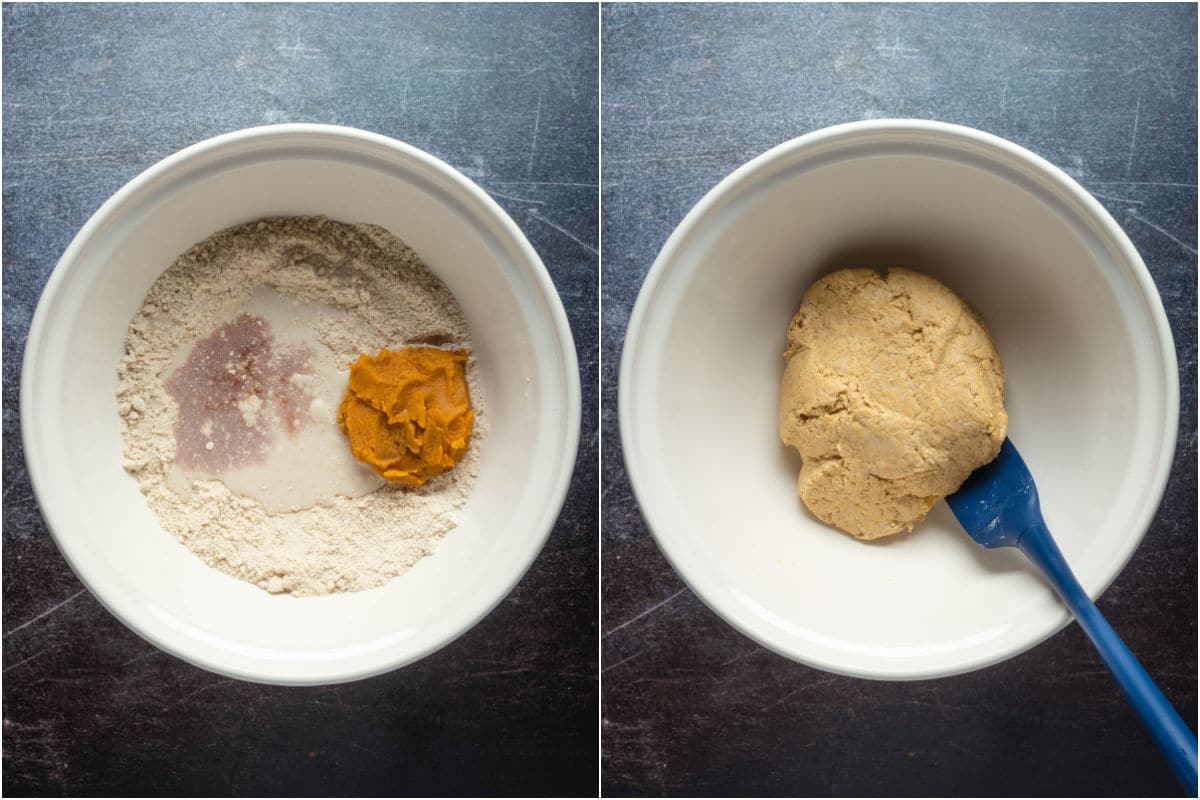 Wet ingredients added to mixing bowl and mixed into a dough.