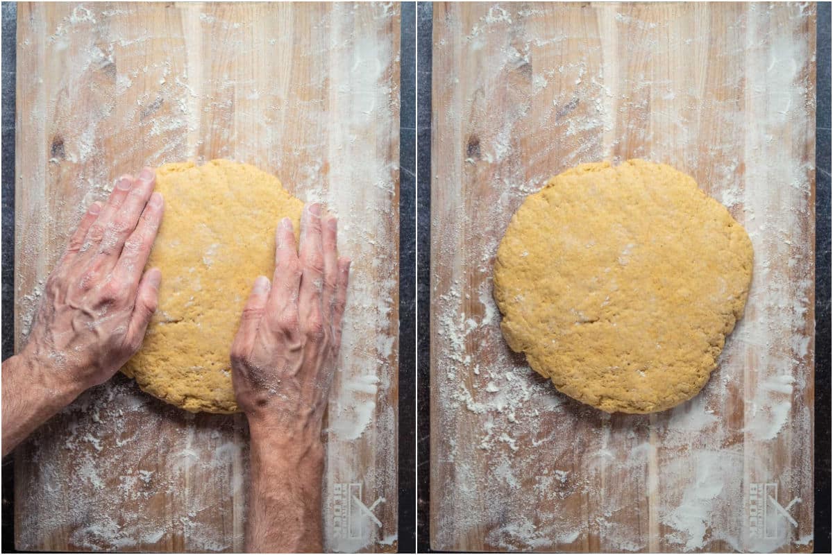 Dough placed onto flour dusted surface and formed into a disc shape.