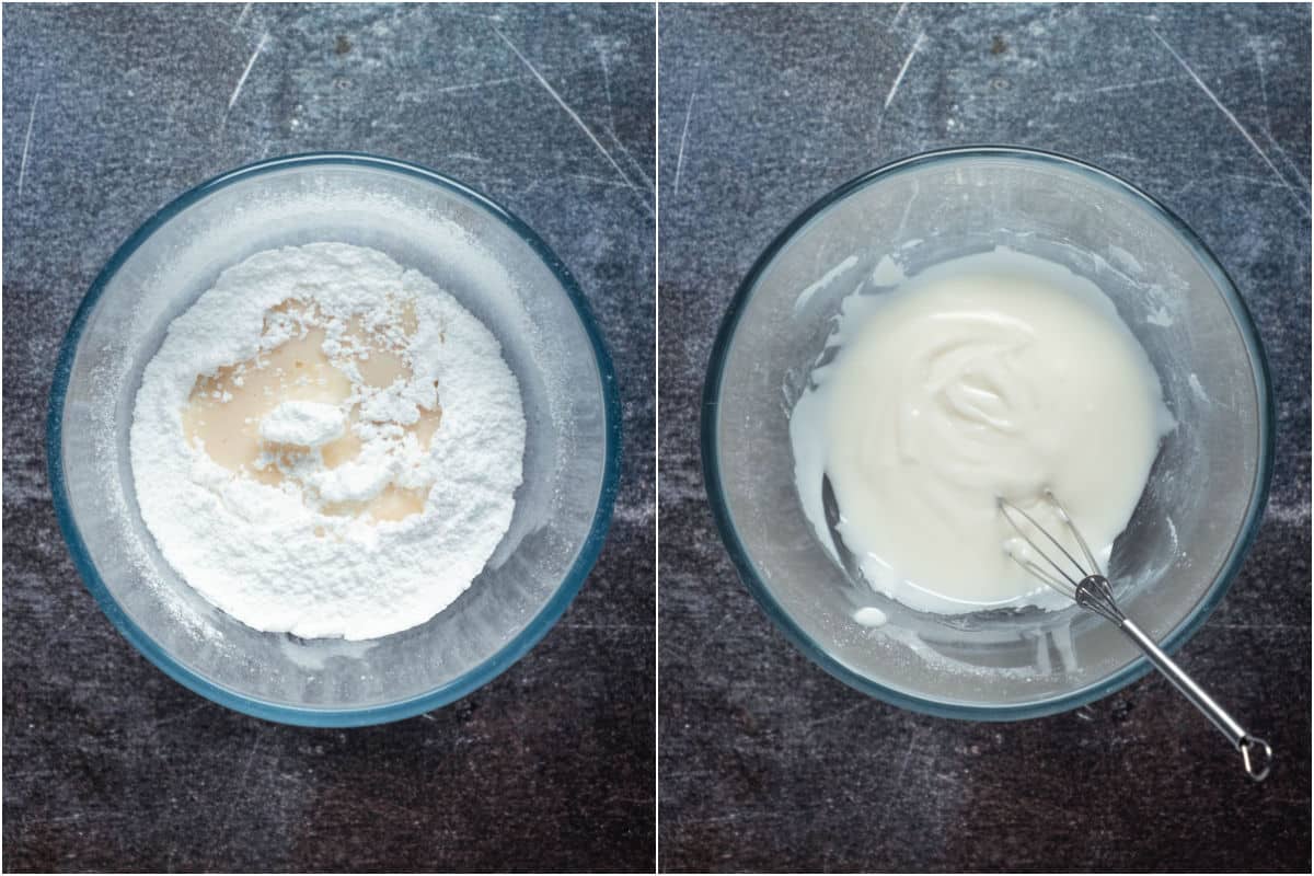 Powdered sugar and soy milk added to bowl and mixed into a glaze.