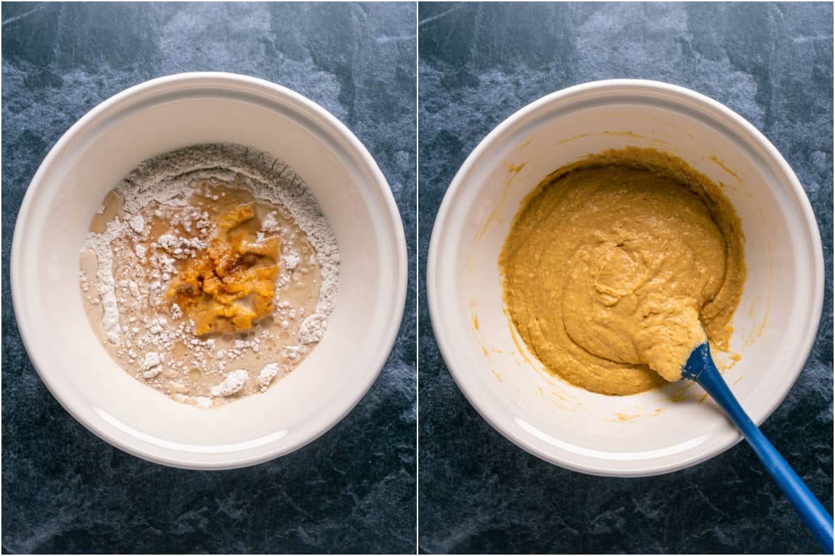 Wet ingredients added to mixing bowl and mixed.