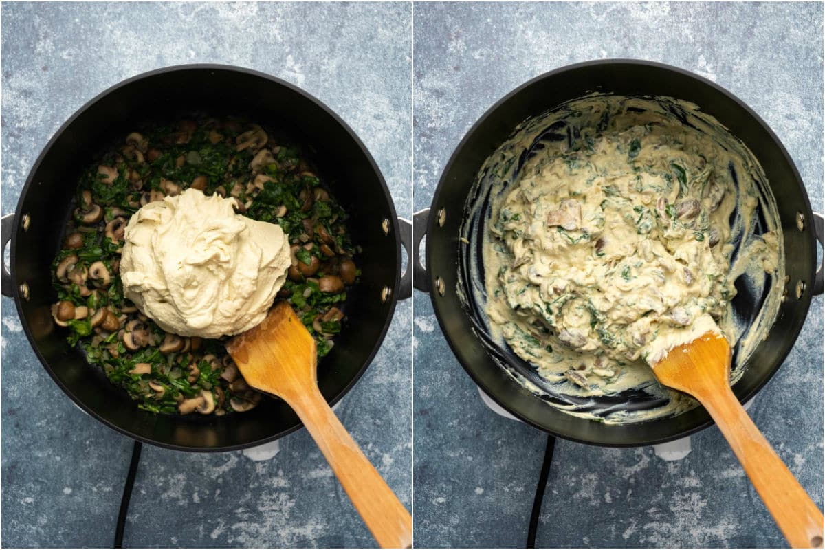 Two photo collage showing tofu mix added to pot and mixed in.