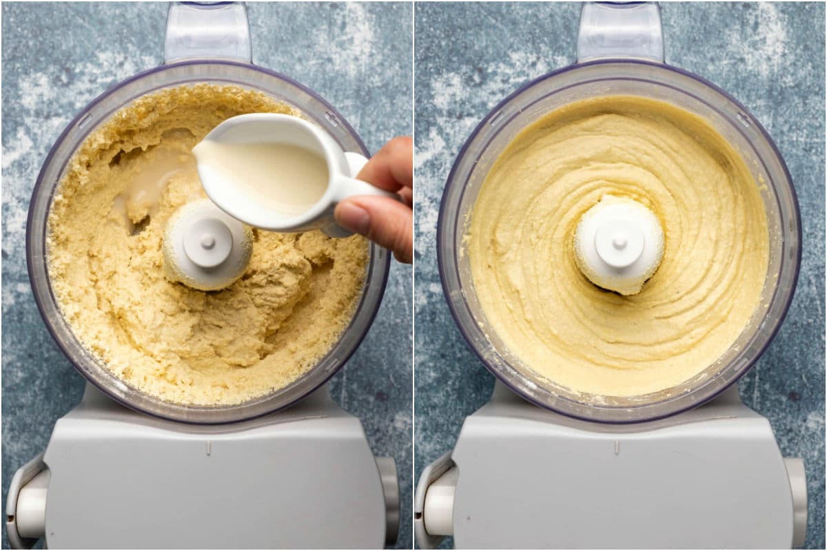 Two photo collage showing soy milk added to tofu mix and processed until smooth.