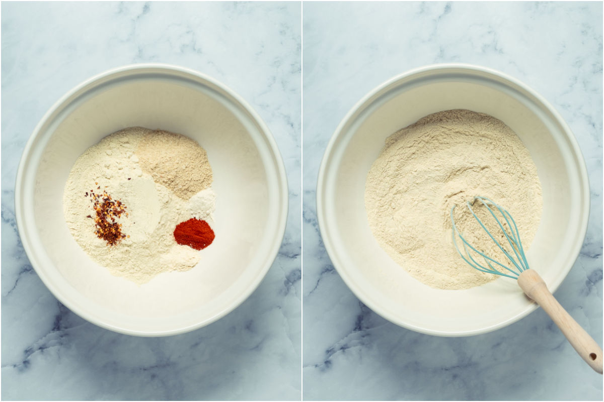 Two photo collage showing dry ingredients added to mixing bowl and mixed together.