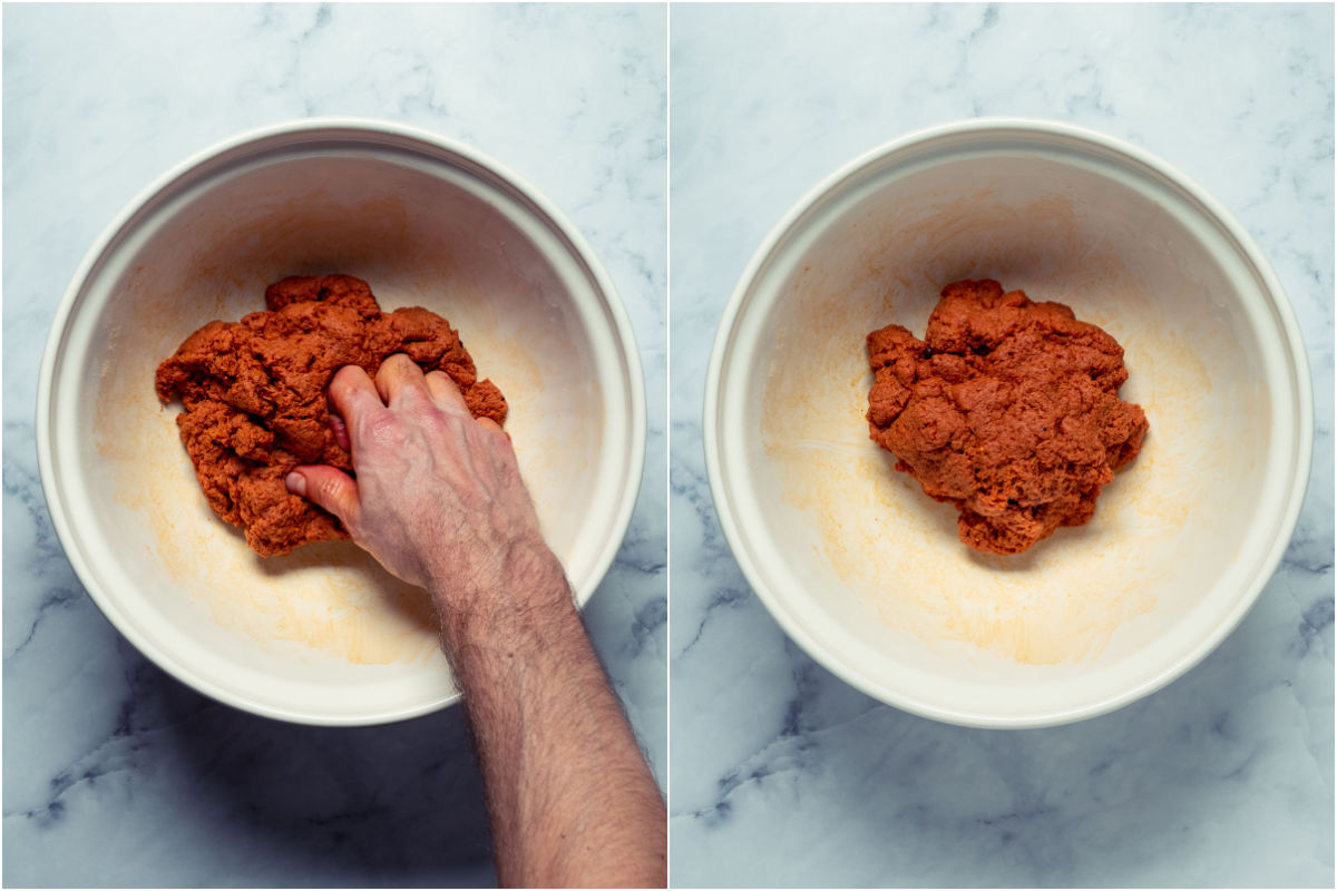 Two photo collage showing the dough being kneaded by hand.