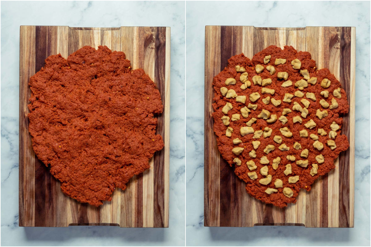 Two photo collage showing red meat section spread out onto a board and the chopped up white fat pieces added on top.