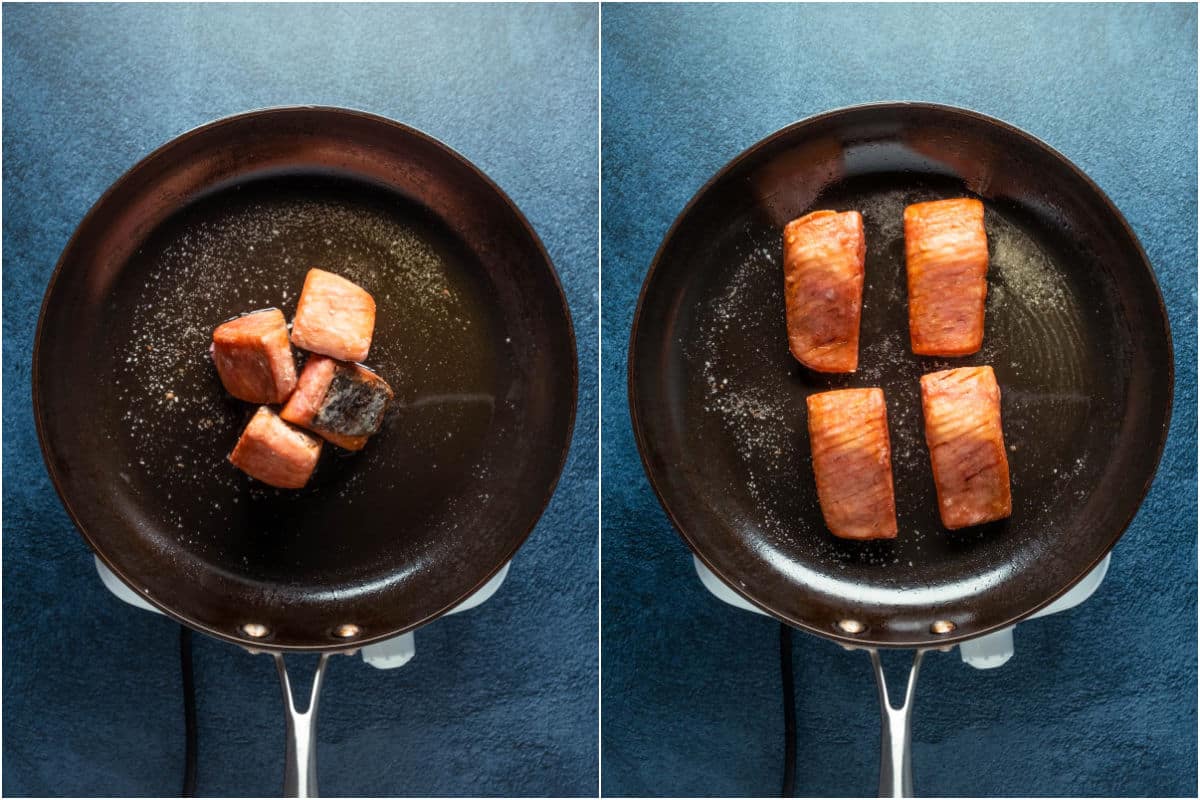 Frying vegan salmon pieces in a frying pan so that every side is crispy.