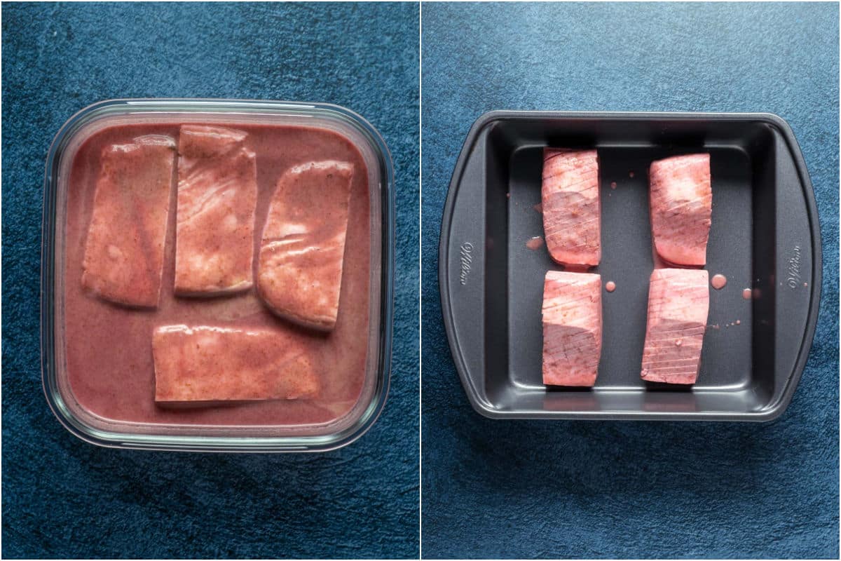 Marinaded tofu pieces in a glass dish and then the tofu pieces lifted out and placed into a dish.