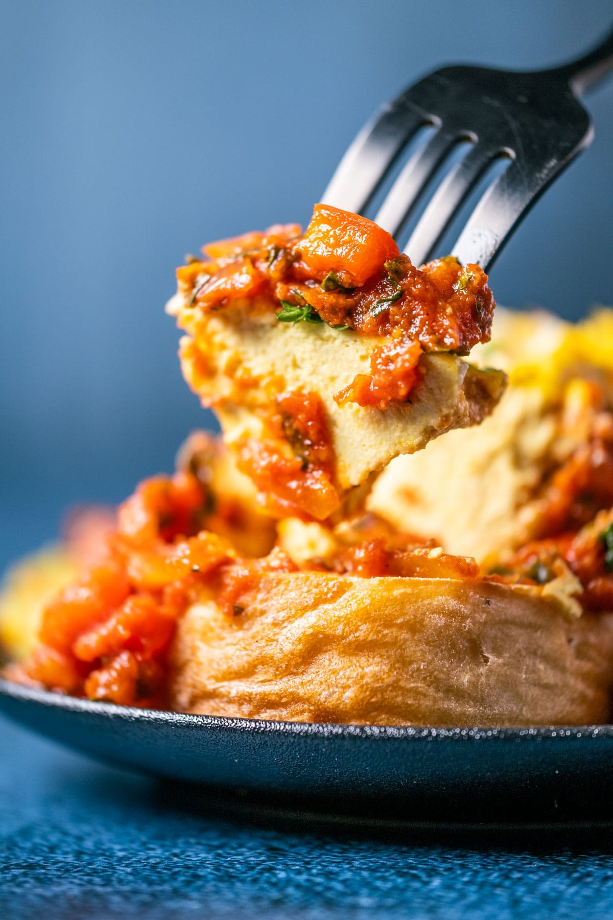 Forkful of vegan shakshuka.