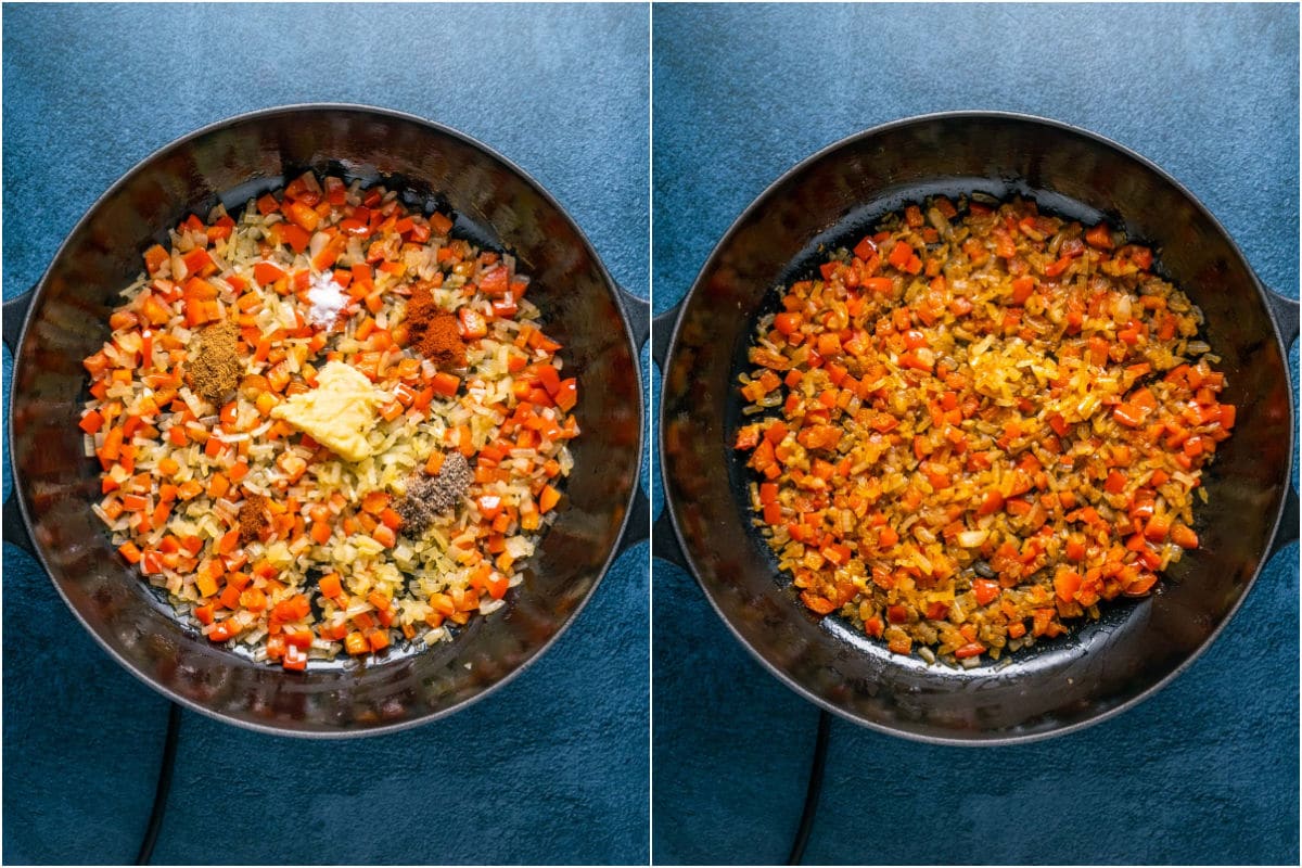 Garlic and spices added to skillet and sautéed.