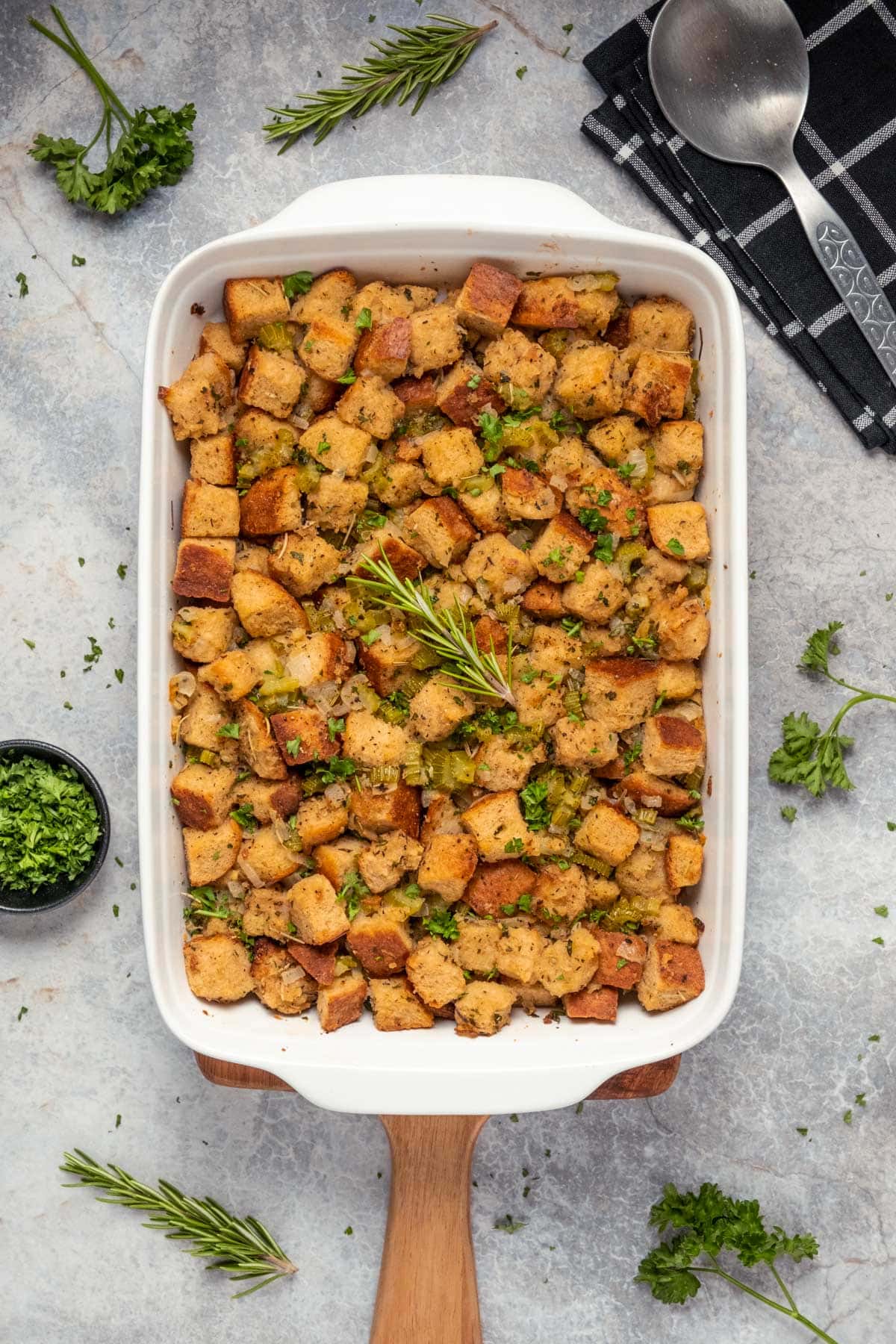 Vegan stuffing in a white dish.