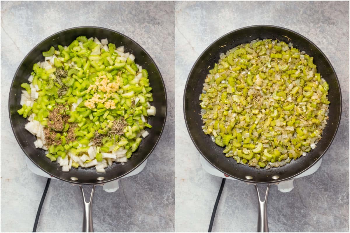 Vegan butter, chopped onions, crushed garlic, celery, sage, thyme and rosemary added to pan and sautéed.