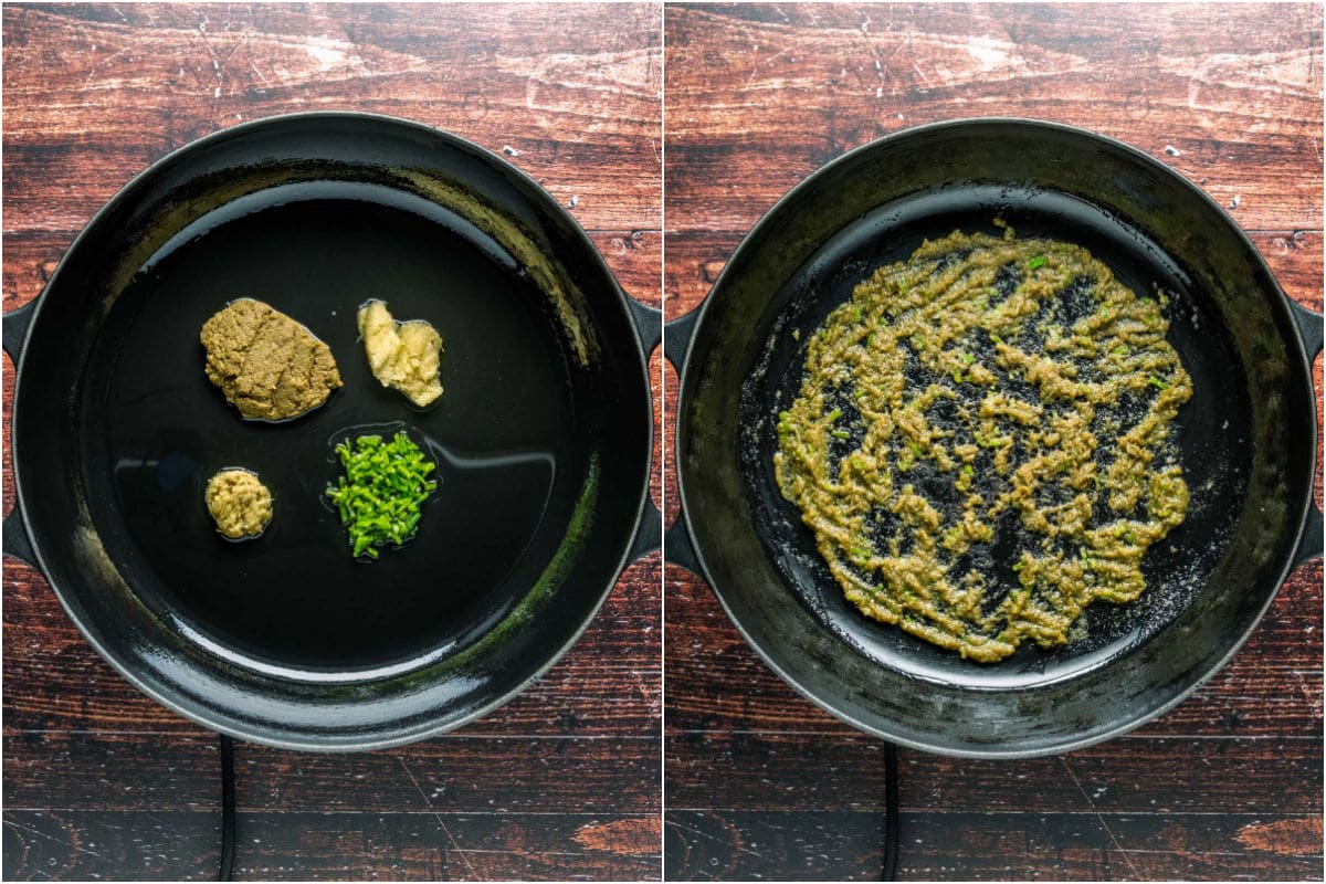 Sesame oil, crushed garlic, minced ginger, tha green curry paste and chopped green chilies added to pot and sautéed.