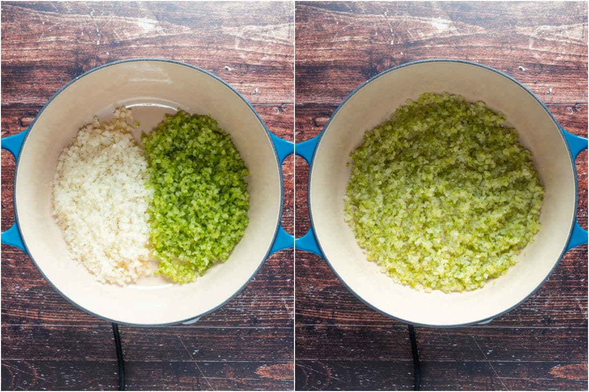 Olive oil, chopped onions and chopped celery added to pot and sautéed.