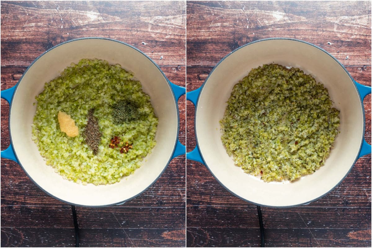 Crushed garlic, oregano, dried basil, red pepper flakes added to pot and sautéed.