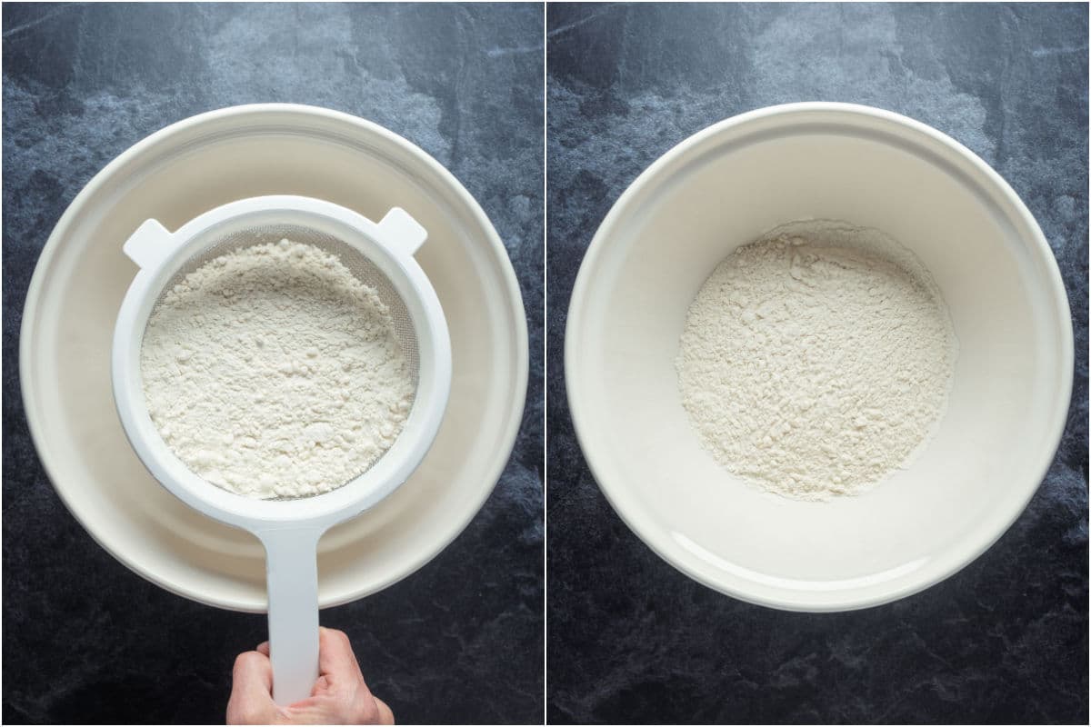 Sifting flour into a mixing bowl.