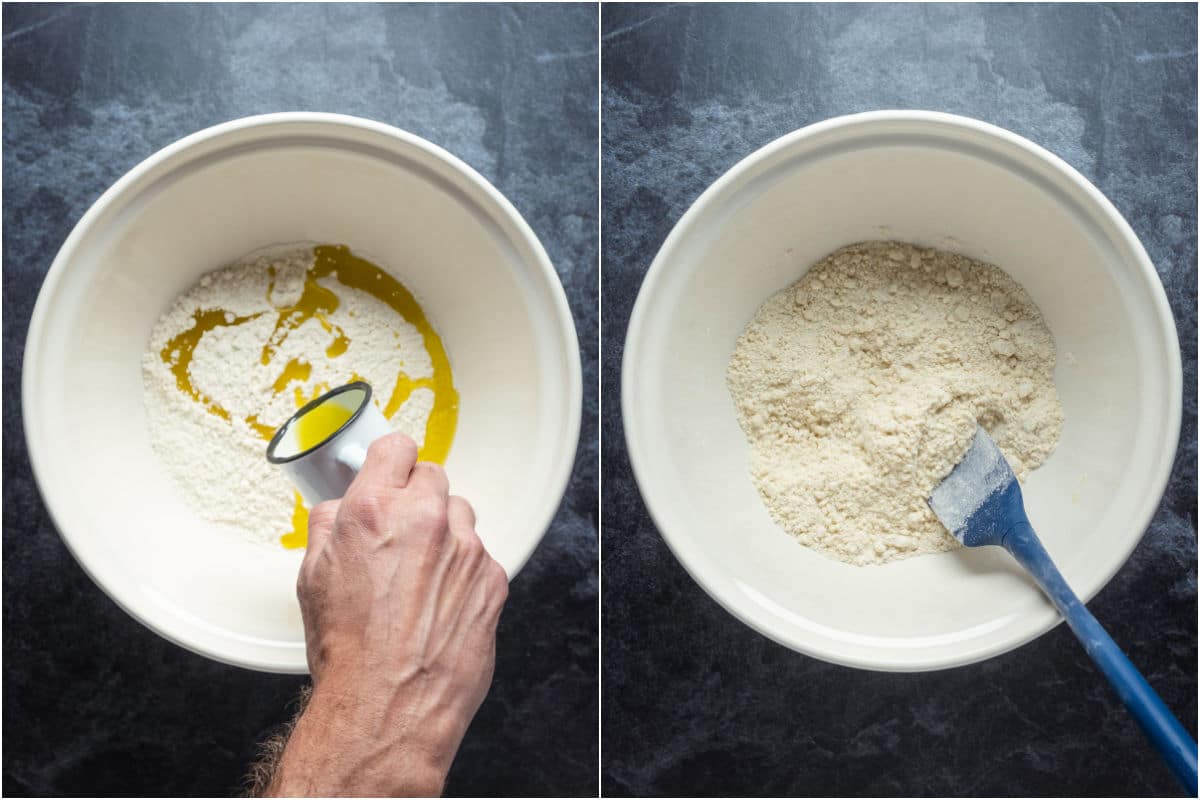 Adding oil to flour and mixing until crumbly.