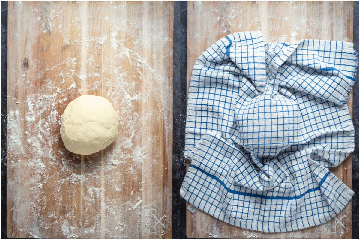 Forming dough into a ball and then covering with a cloth to rest.