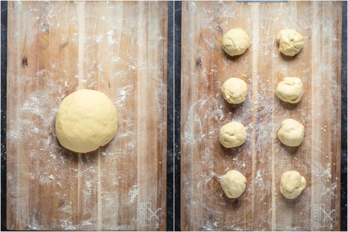 Ball of dough on a wooden board and then cut into 8 pieces.