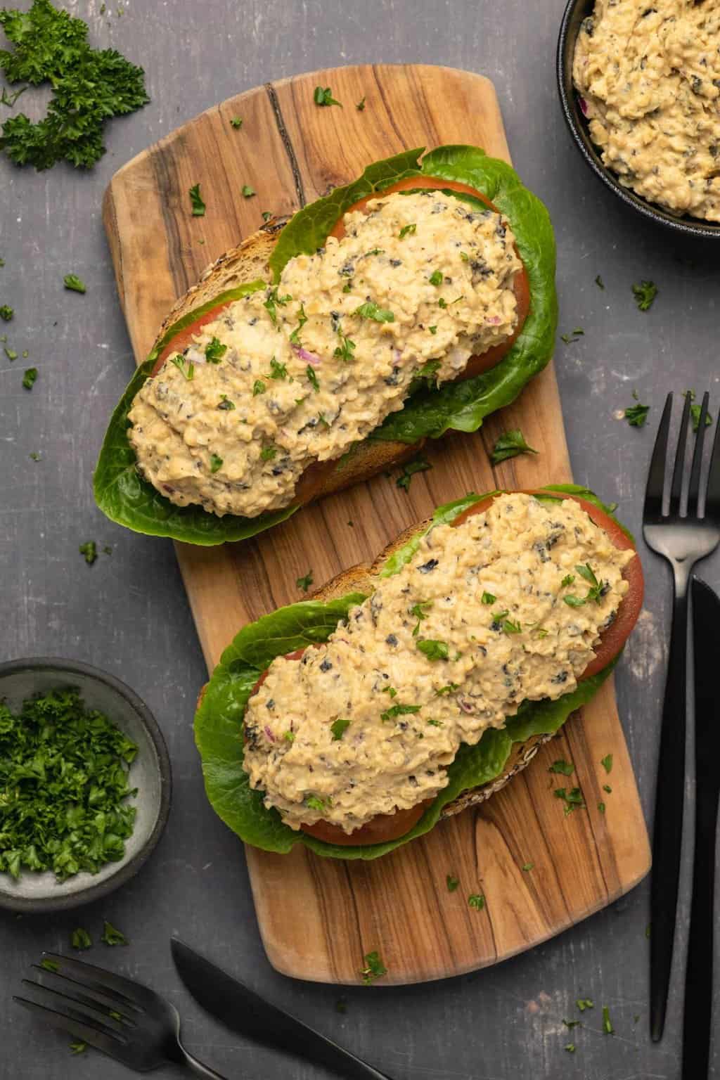 Vegan tuna on open faced sandwiches. 