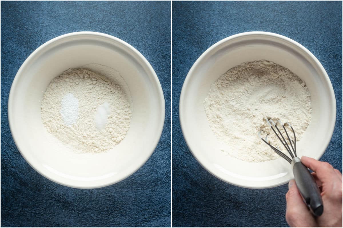 Dry ingredients added to mixing bowl and mixed.