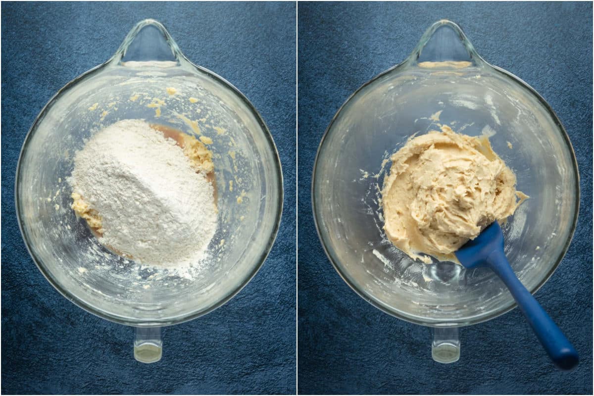 Dry ingredients added to wet and mixed into a cookie dough.