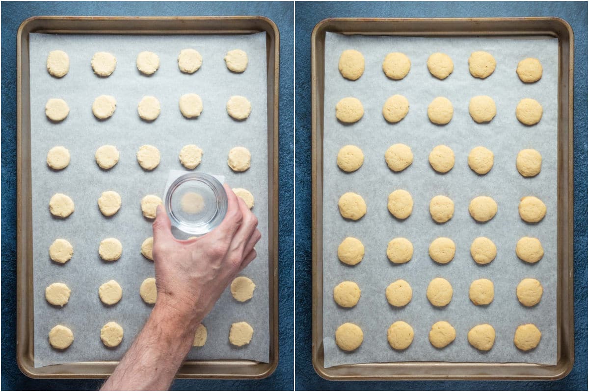 Flattening the cookies with the base of a glass and then baking.