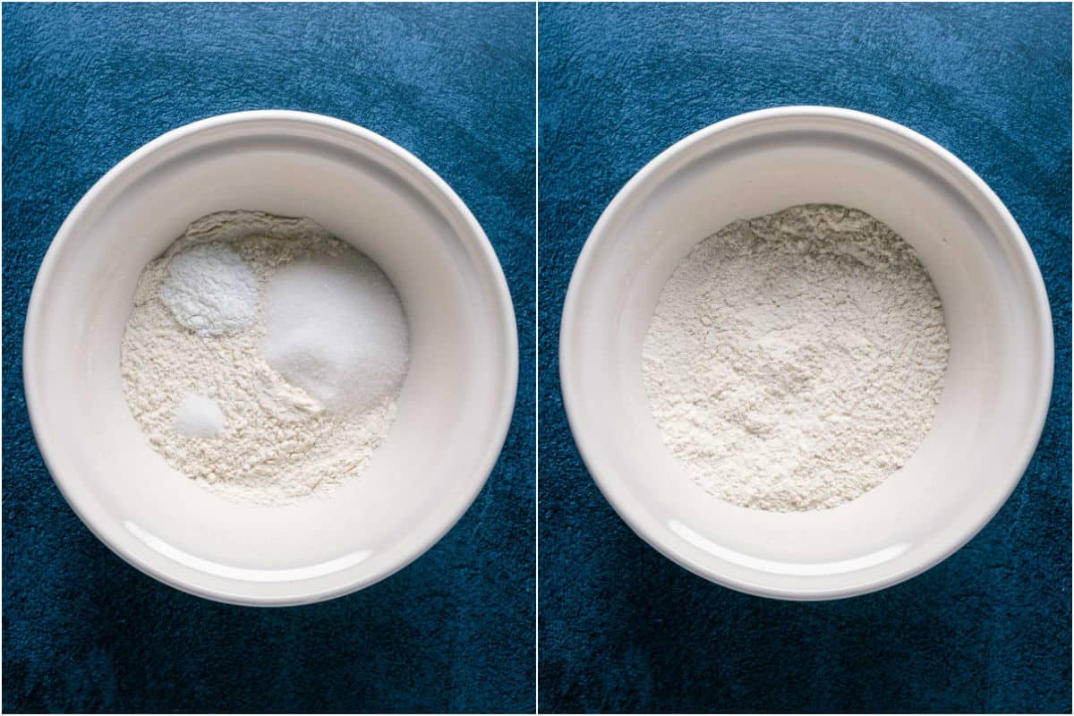 Two photo collage showing dry ingredients added to mixing bowl and mixed together.