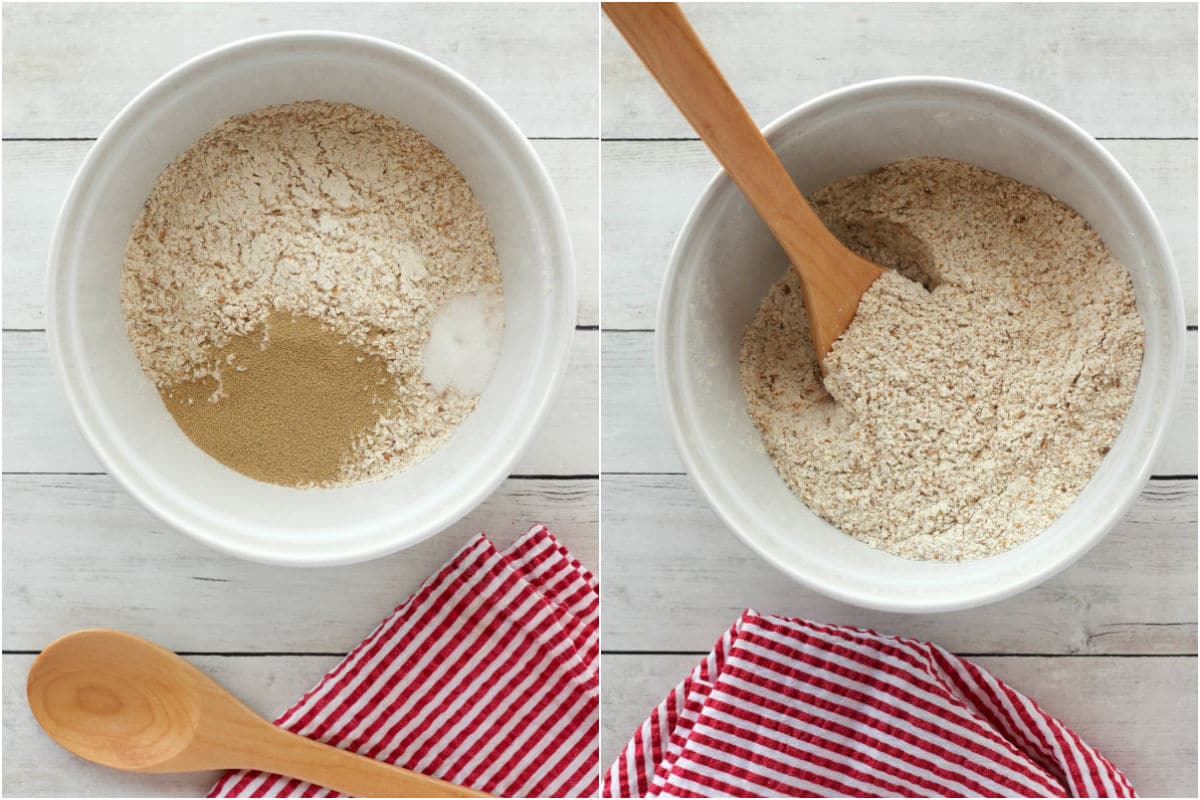 Collage of two photos showing dry ingredients added to mixing bowl and mixed.